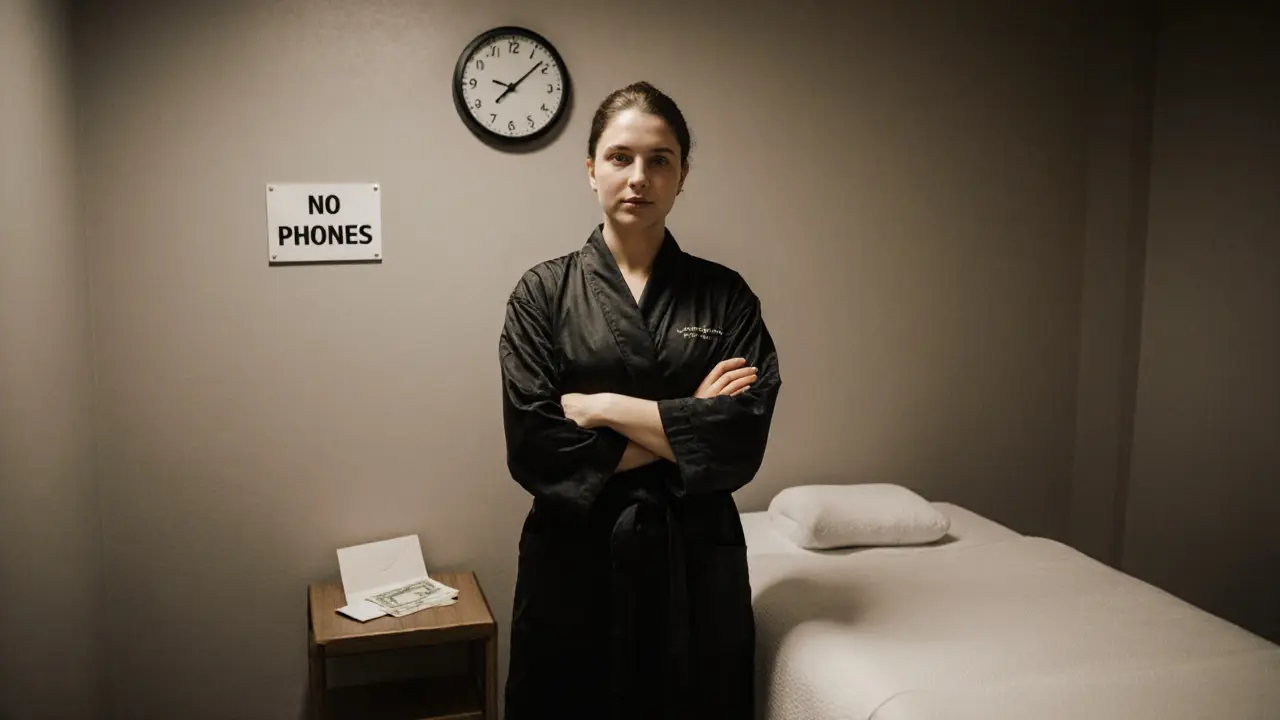 A calm sex worker standing beside a massage table in a clean, quiet room with a 'No Phones' sign.