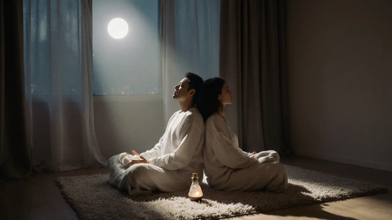 A couple sitting back-to-back in quiet meditation, bathed in moonlight, towels and oil nearby, exuding calm connection.