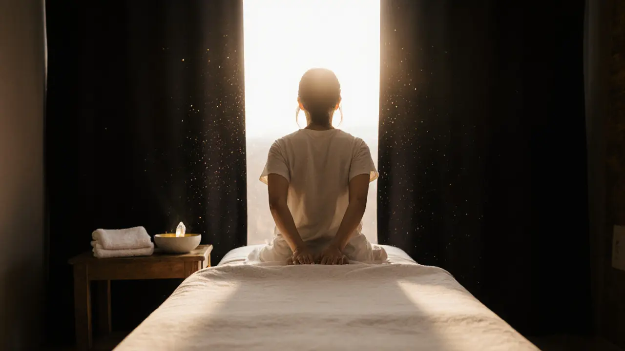A draped client on a heated massage table, practitioner’s hands hovering nearby in a calm, sunlit room.