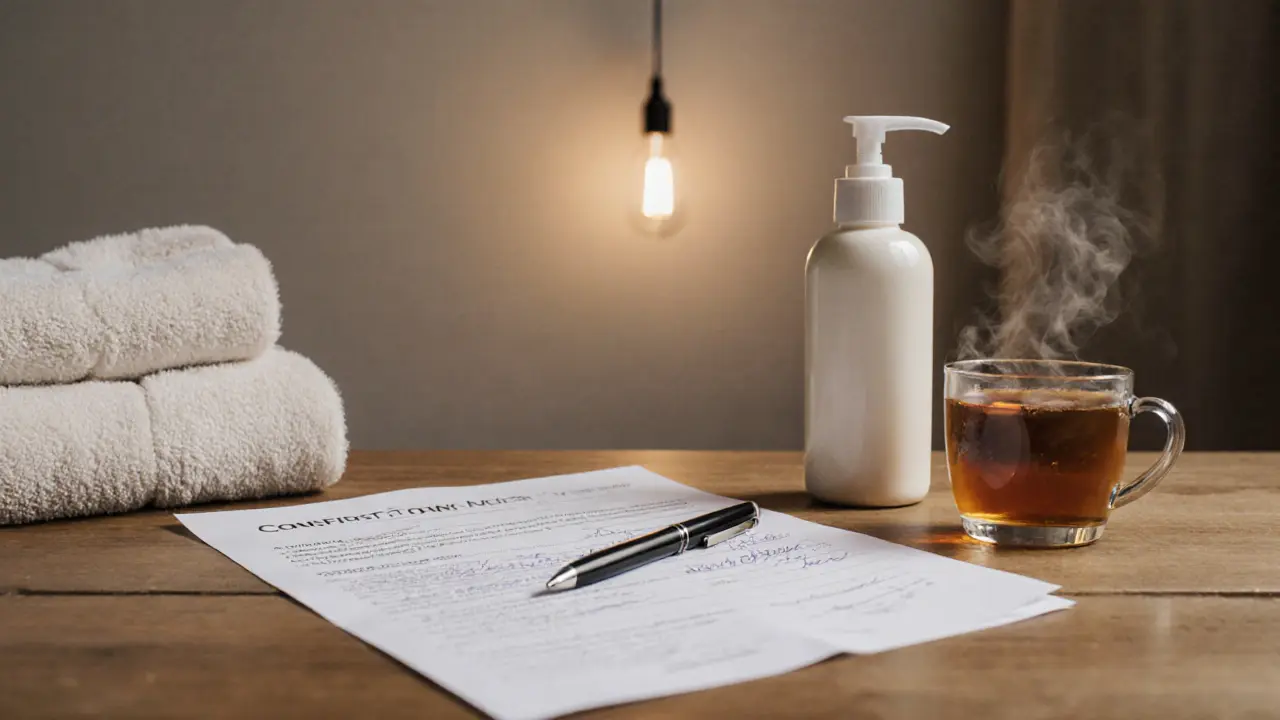 A signed consent form with lotion and tea on a wooden table, beside a clean treatment room in soft focus.