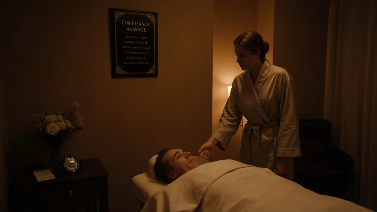 A softly lit massage room with a therapist and client exchanging a respectful handshake.