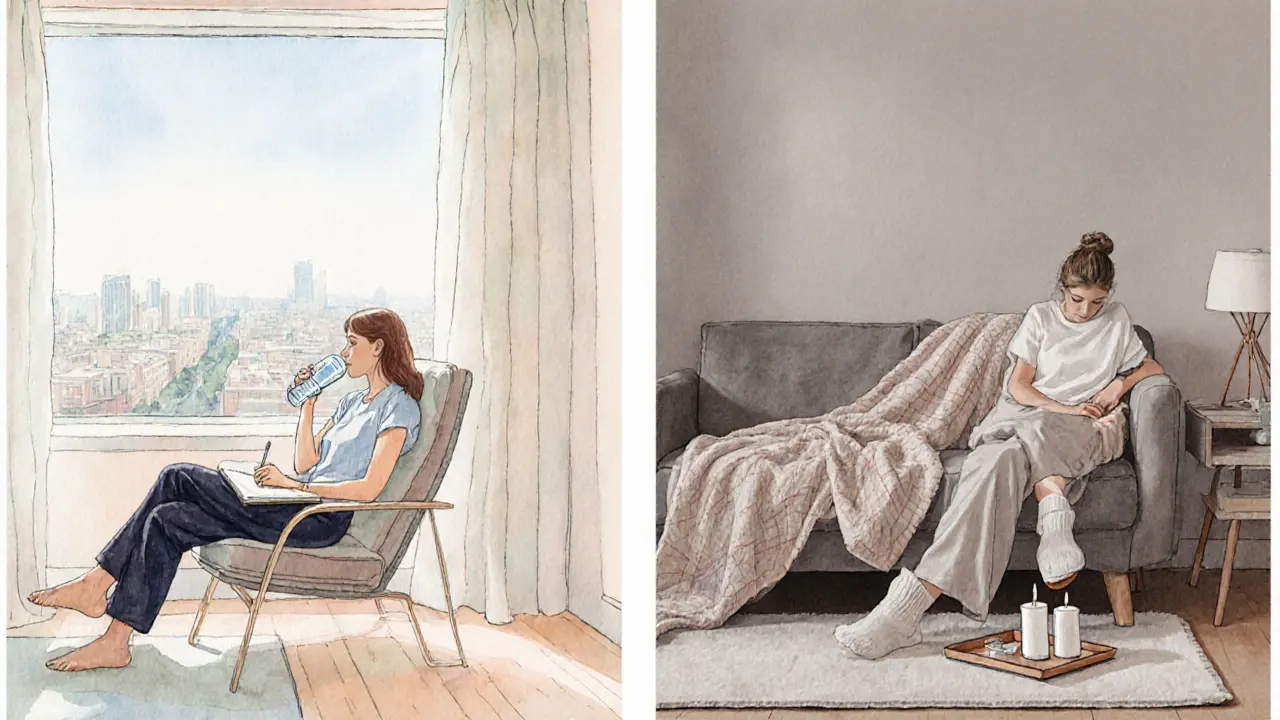 After‑care scene of a person drinking water and journaling, shown in spa and home settings.