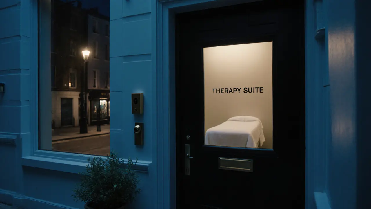 An elegant townhouse hallway at dusk with a buzzer and glowing therapy room behind frosted glass.