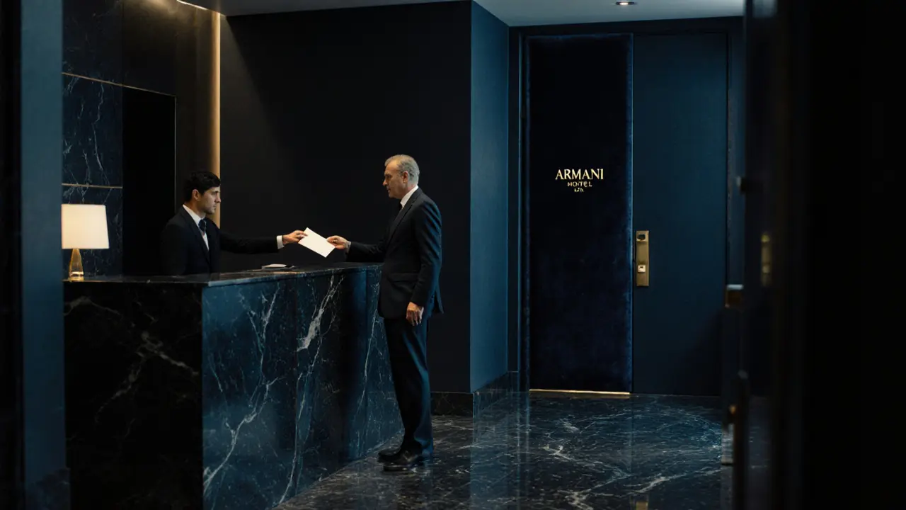 Concierge handing an unmarked envelope to a traveler in a hotel spa hallway.