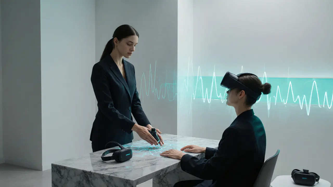 Contemporary Milan studio with a therapist using a neuro‑mapping device on a breathing‑sync couple.