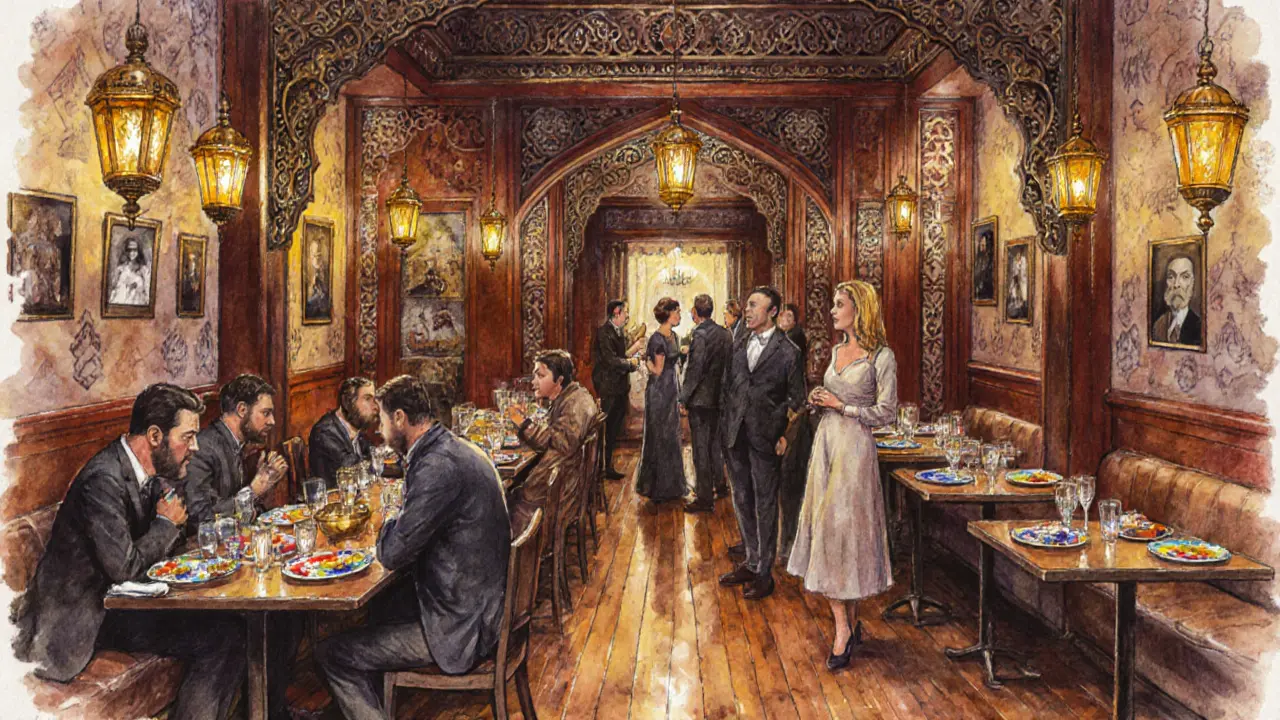 Cozy interior of Şirvan Meyhane with wooden tables, brass lanterns, and patrons enjoying meze.