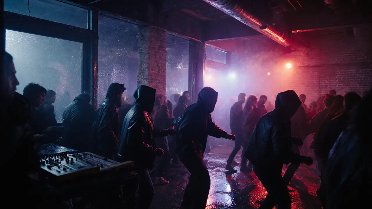 Crowd dancing in an industrial warehouse club under pulsing neon lights with intense bass vibrations.