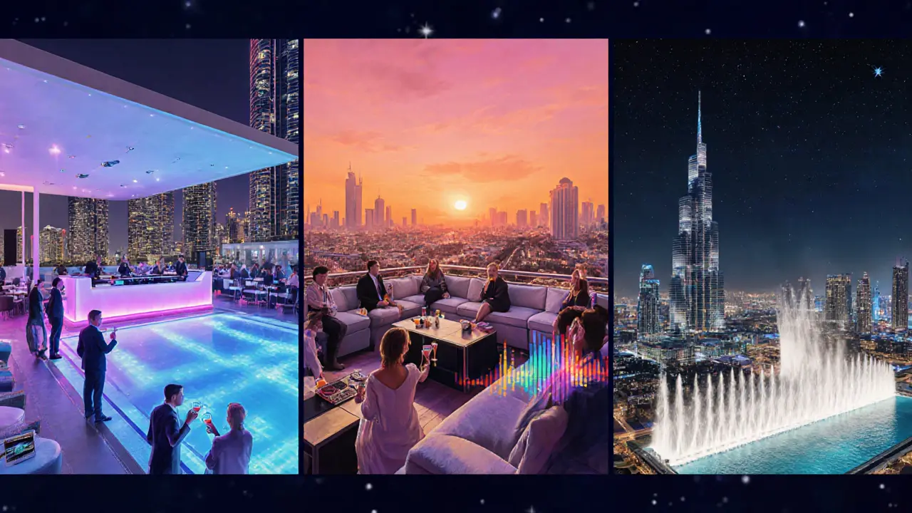 Crowd on White Dubai's rooftop terrace, Soho Garden sunset lounge, and Level 43 Sky Lounge view.