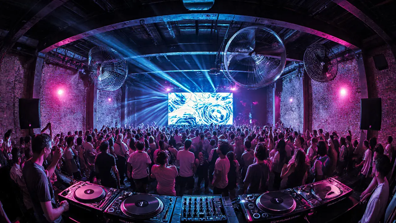 Crowded industrial nightclub in Porta Romana with neon lights and dancing crowd.