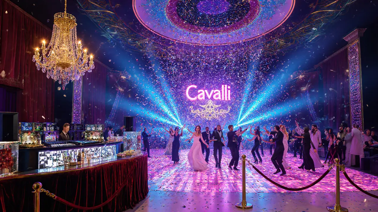 Glamorous crowd dancing in a laser‑lit club with a VIP area and shimmering decor.