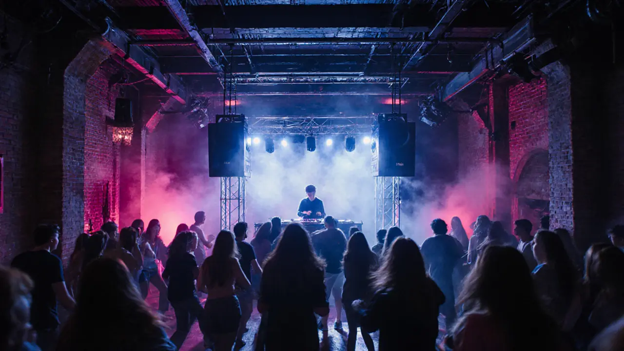 Inside Tenax club with neon lights, DJ booth, and dancing crowd on a massive floor.