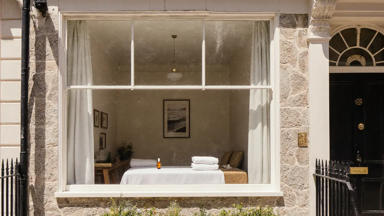 London massage venue exterior with street-facing windows showing empty treatment room