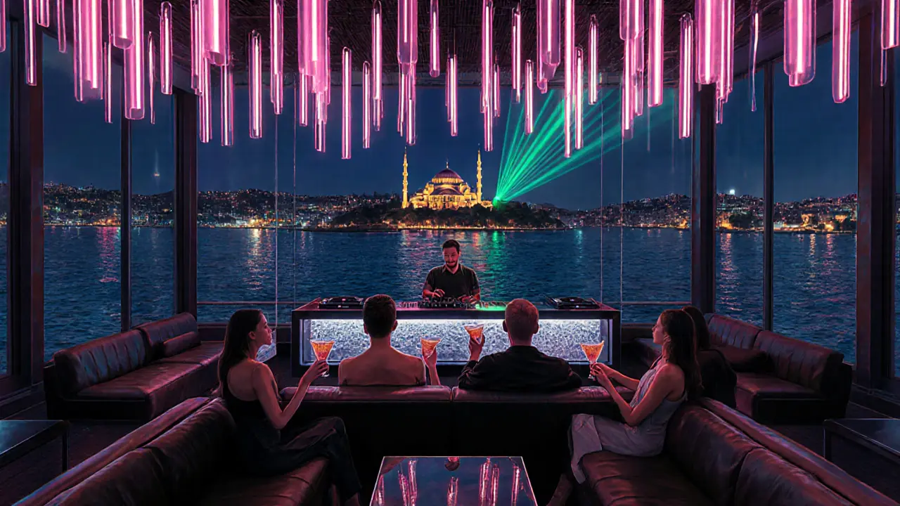 Modern Karaköy rooftop bar overlooking Bosphorus, neon lights, and a DJ with guests.