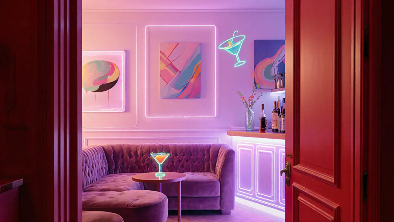 Neon‑lit speakeasy interior with red doorway and pastel lighting.