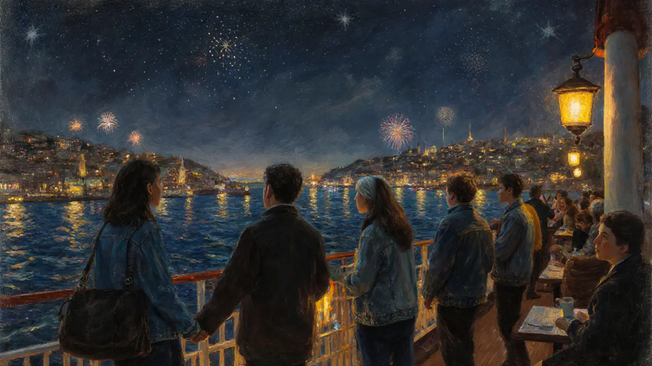 Night ferry crossing Bosphorus with diverse passengers under city lights.