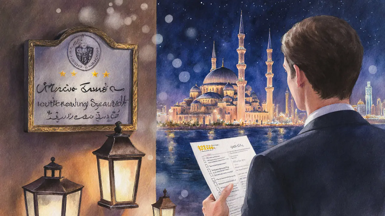 Nighttime Abu Dhabi skyline, person holding receipt and review card near spa with licence sign.