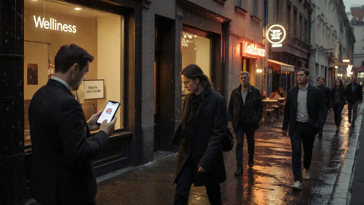 People walking past ordinary Berlin storefronts, one glancing at a subtle 'Wellness' sign.