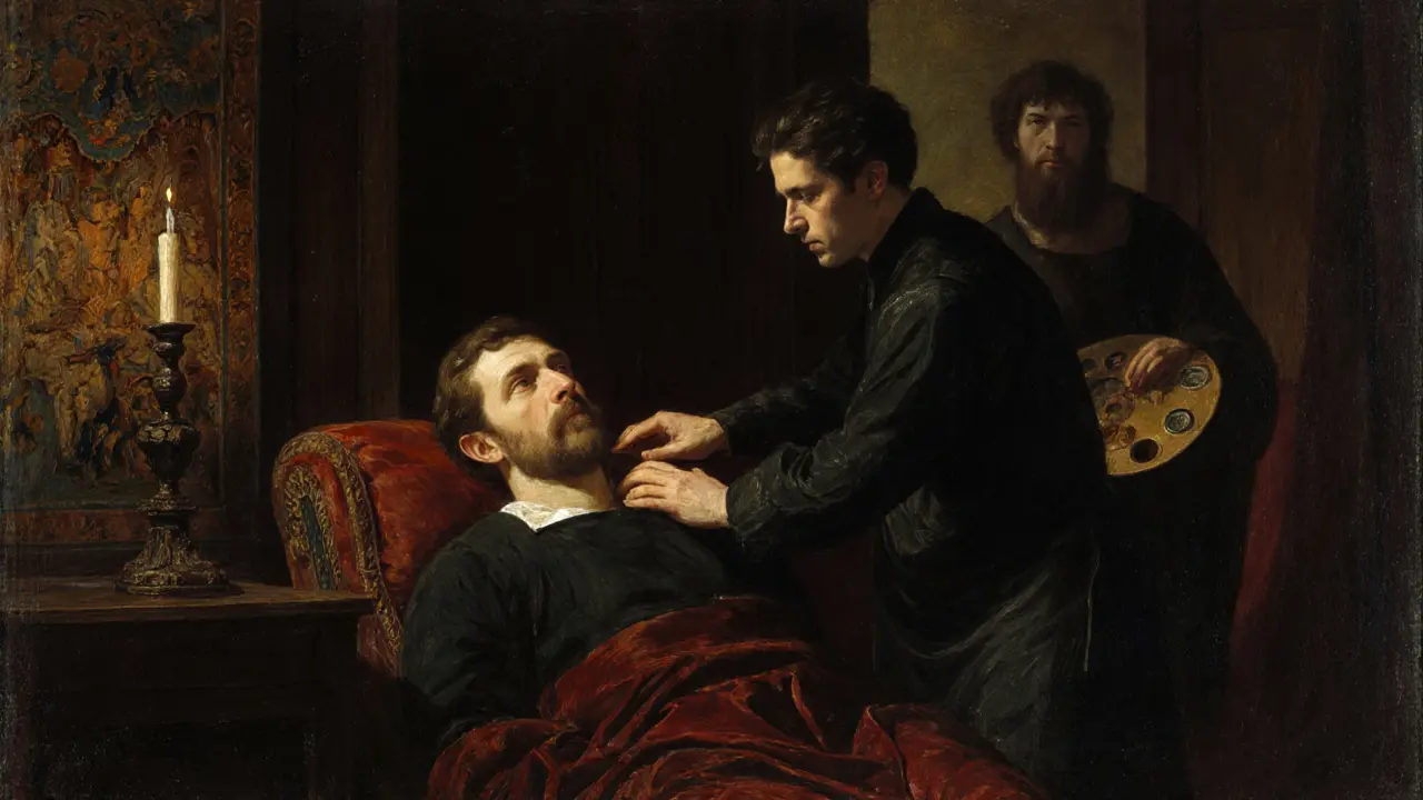 Renaissance Milanese chamber showing a nobleman receiving an oil massage while a painter watches.