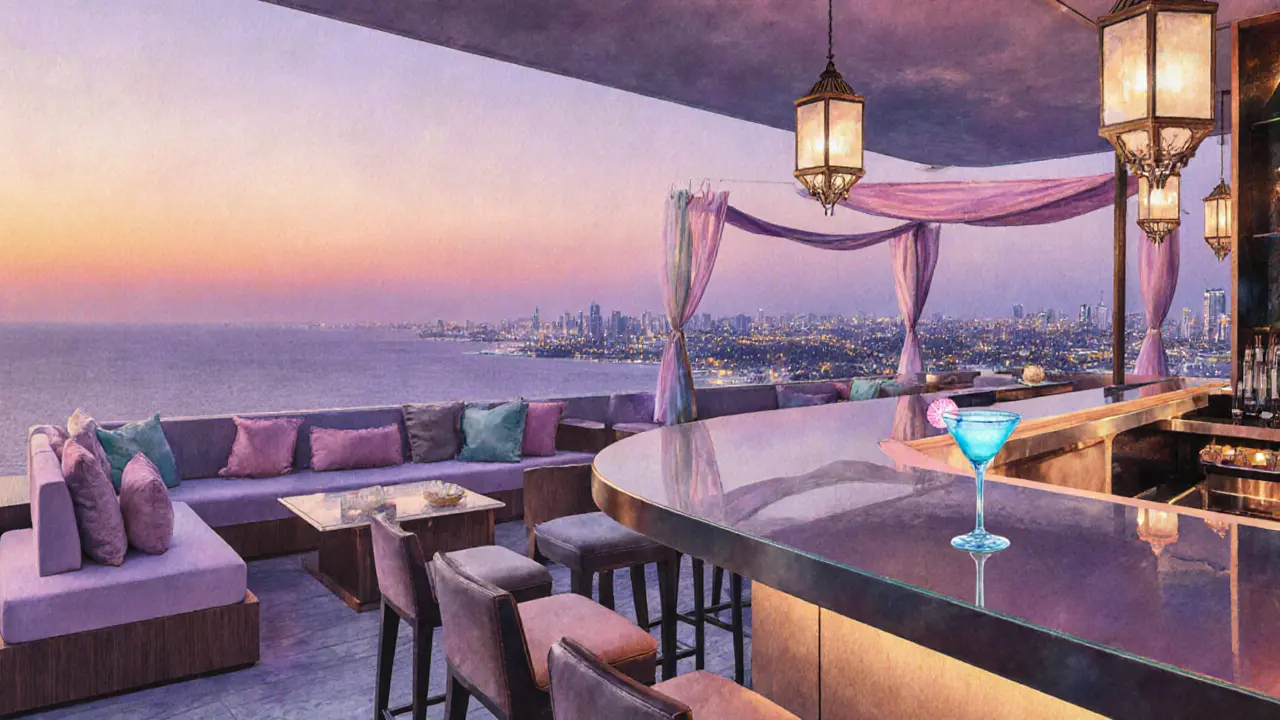 Rooftop bar on a high floor overlooking the Arabian Gulf at sunset, with elegant seating and a colorful drink.