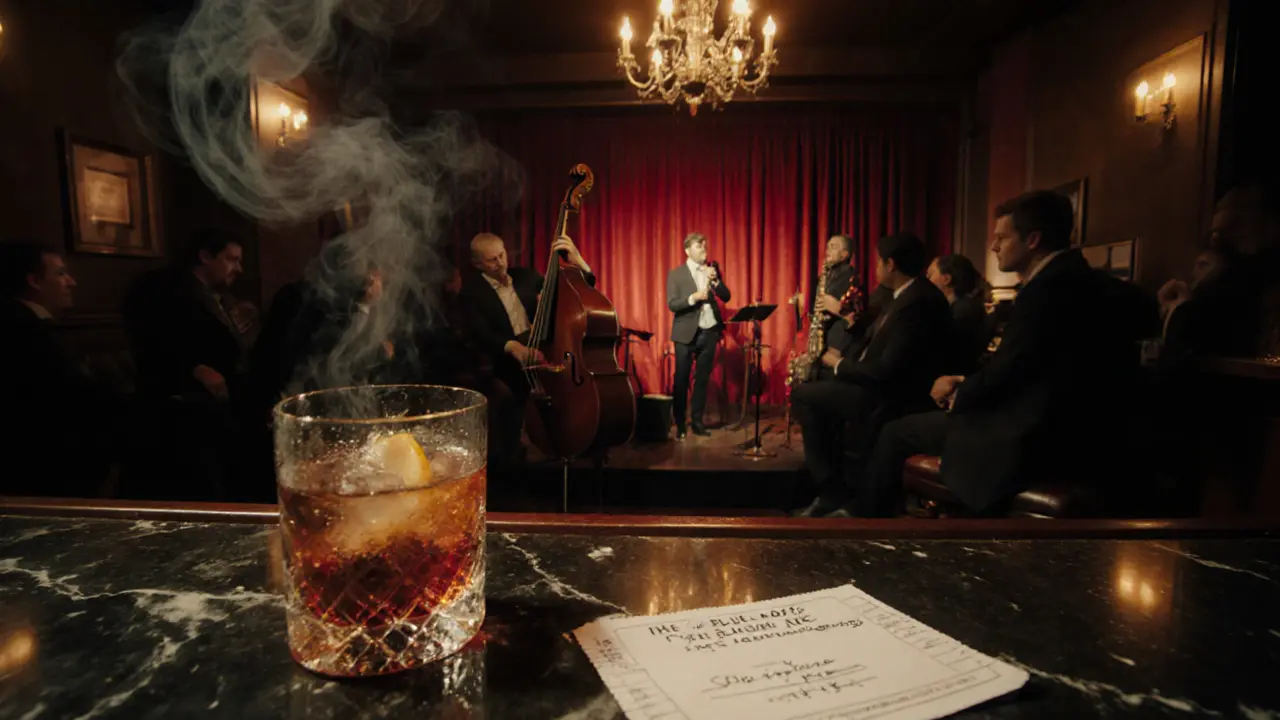 The Blue Note jazz club in Porta Romana with a smoky bar, live musicians, and cocktail glasses.