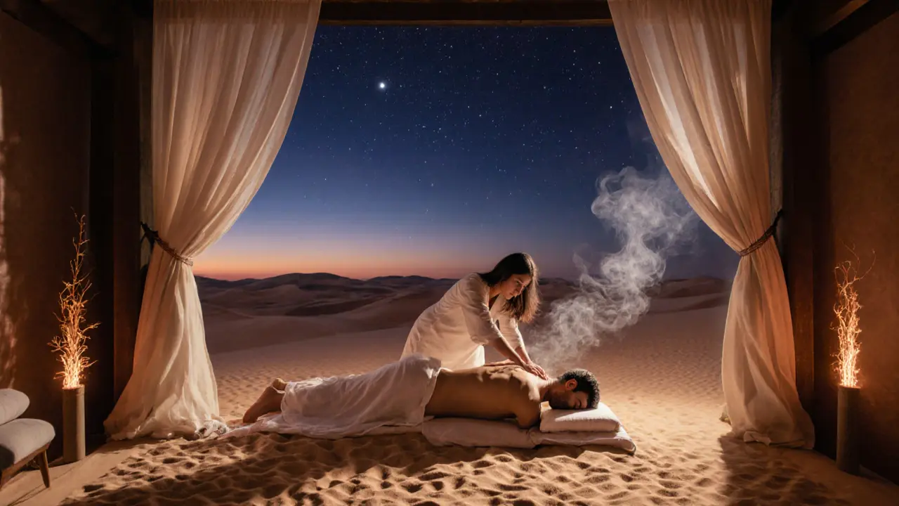 Therapist performing a desert-inspired massage with warm oil under starlit skies.