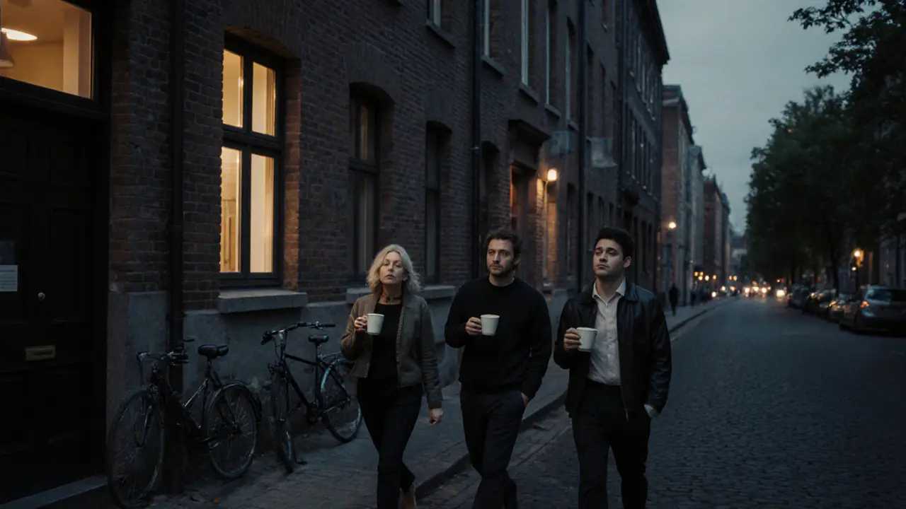 Three diverse individuals walking away from unmarked doors in a Berlin neighborhood at dusk, holding tea, looking peaceful.