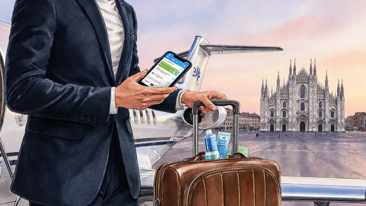 Traveler arriving in Milan, using a phone to book a discreet service.