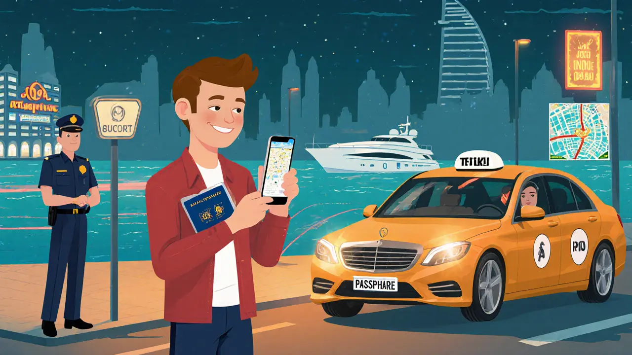 Traveler using a ride‑hailing app at a Dubai Marina taxi stand, passport in hand, with police nearby.