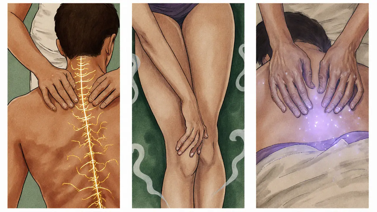 Triptych illustration of Tui Na, Thai stretch, and Shiatsu techniques with glowing meridian lines and pressure points.