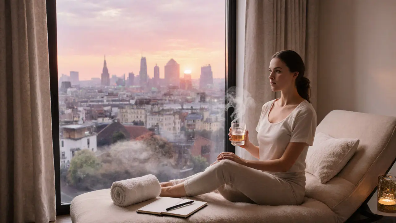 Watercolor of a client drinking water, stretching, and journaling near a window showing a sunset London skyline.