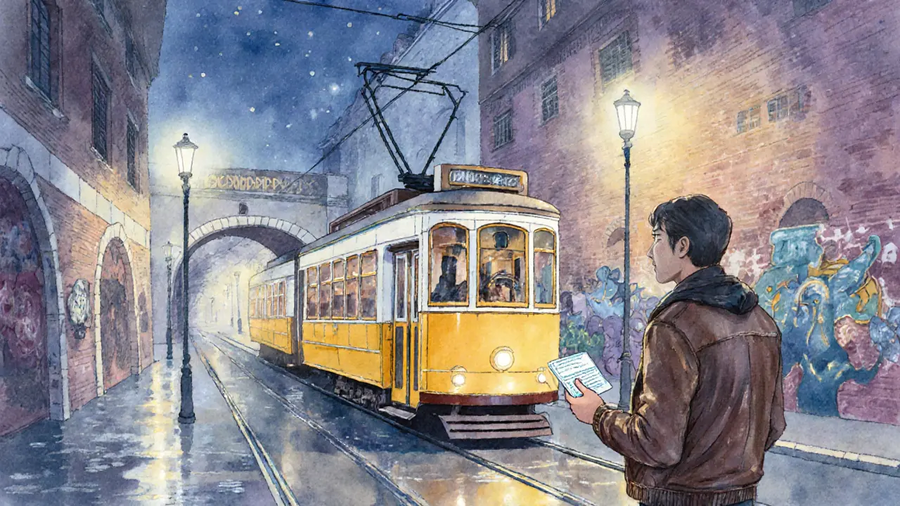 Yellow tram gliding past illuminated Milan streets, a traveler holding a night ticket.