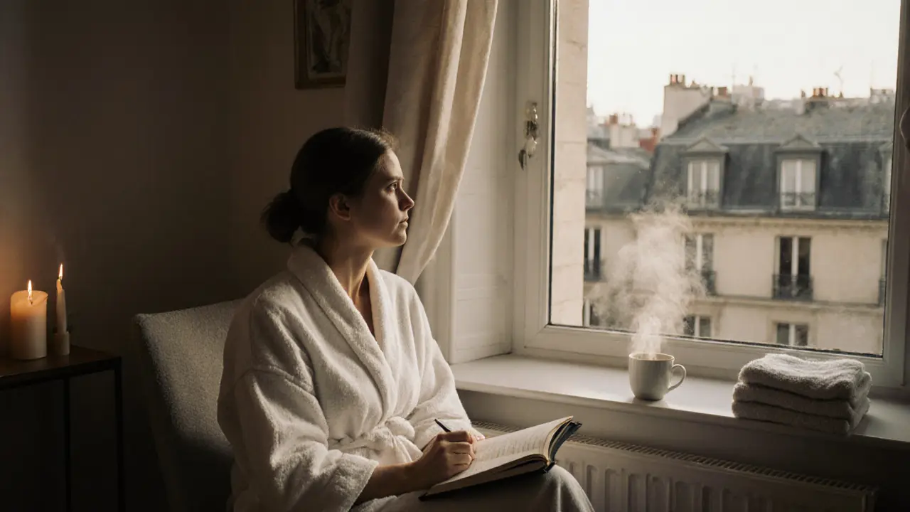 A client wrapped in a robe, journaling by a window after a massage, overlooking Paris rooftops with calm stillness.