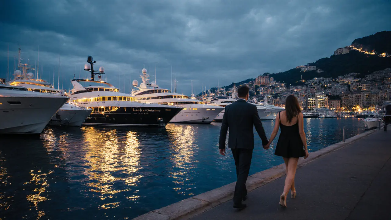 A couple walking peacefully along a lit yacht harbor at midnight.