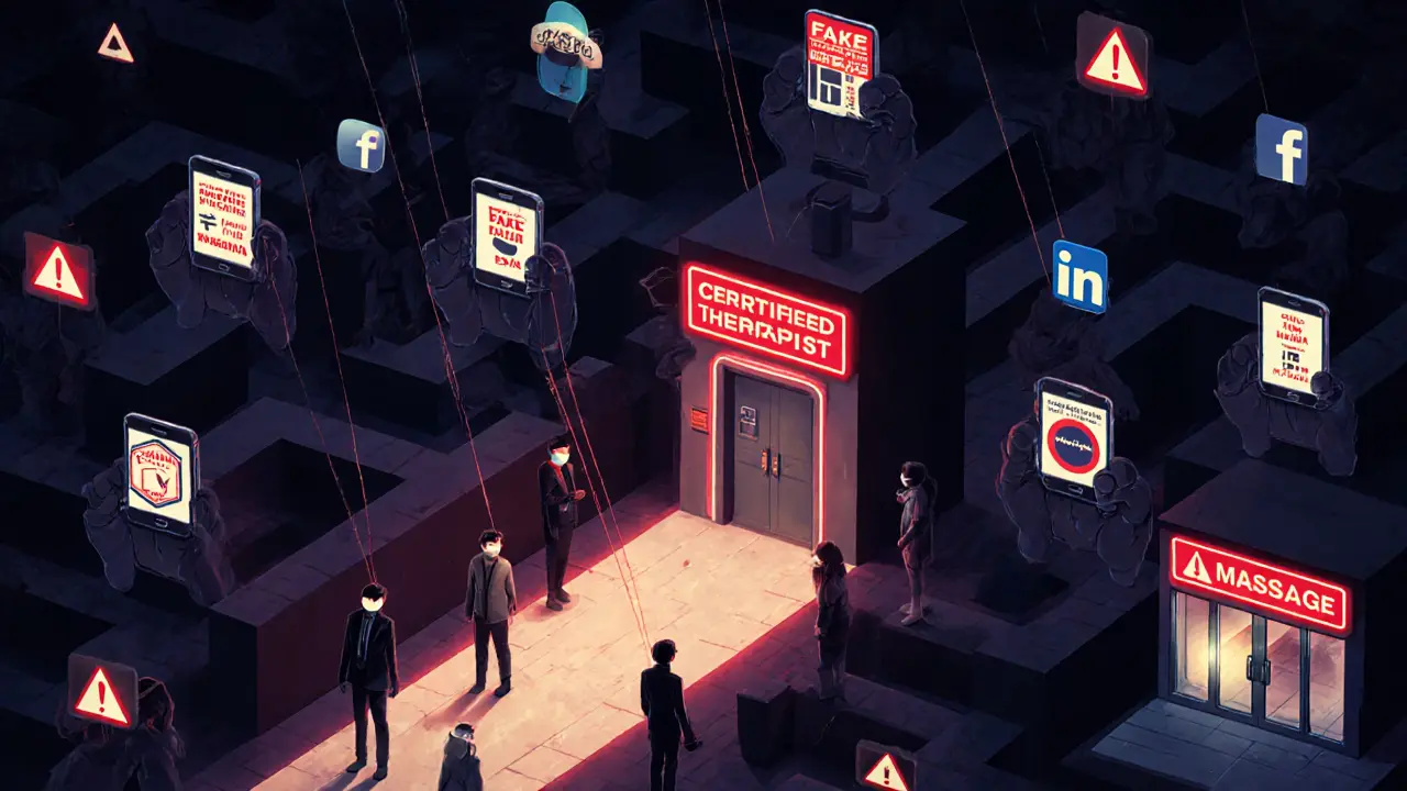 A dark surreal maze of online scams pulling tourists, with one safe path leading to a legitimate spa under glowing light.