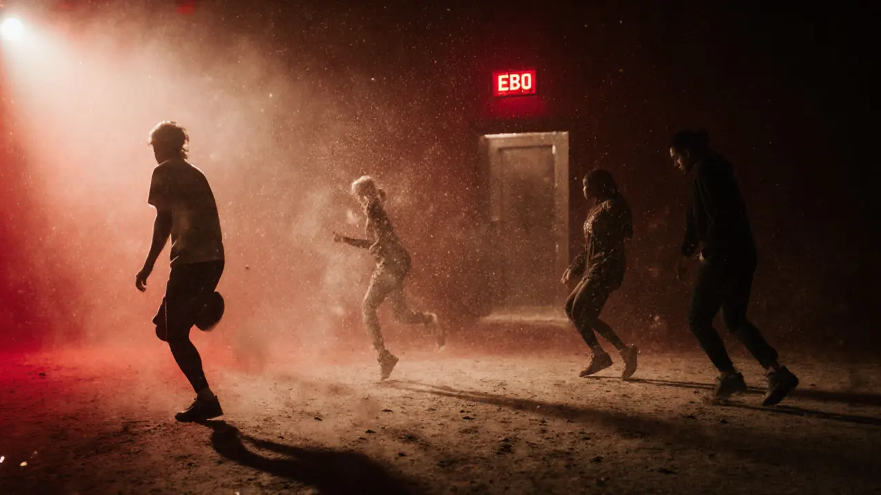 A dark warehouse club with silhouetted dancers and powerful sound equipment, illuminated only by faint red lights.