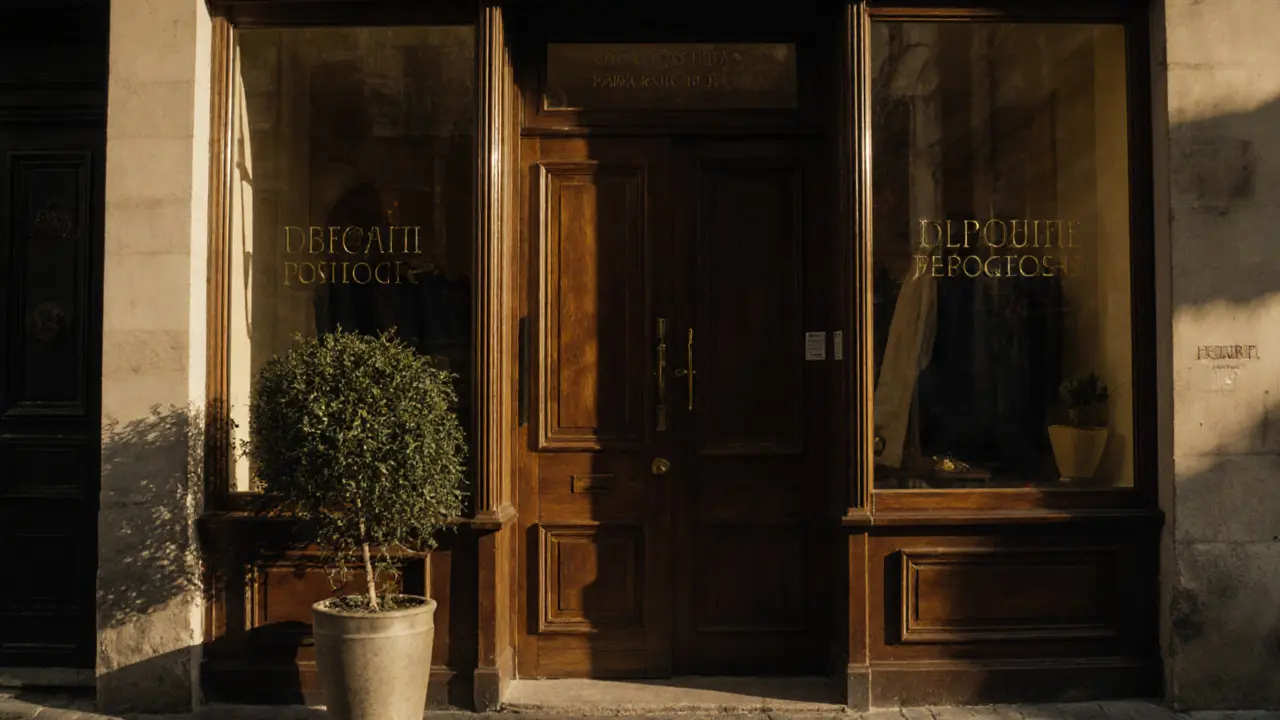 A discreet, unmarked wellness studio entrance in a quiet Paris neighborhood, bathed in golden afternoon light.