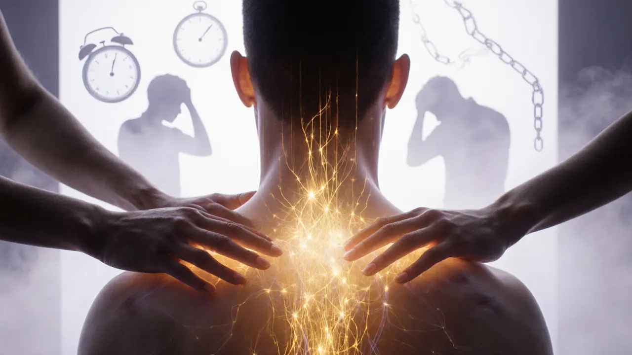 A glowing human form with golden energy flowing from touch, dissolving stress symbols around them.