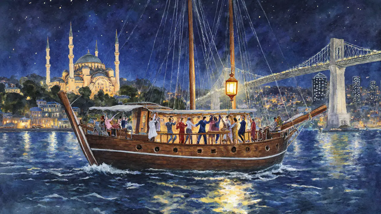 A gulet boat party on the Bosphorus at night, lights reflecting on water as minarets and skyscrapers flank the shore.