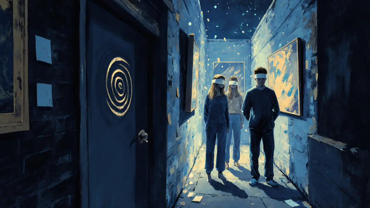 A hidden art gallery door in Shoreditch marked by a spiral symbol, lit from within at night.