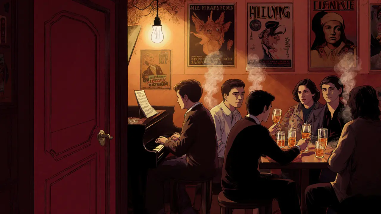 A hidden jazz bar in Karaköy with a piano player and patrons sharing drinks under warm amber light.
