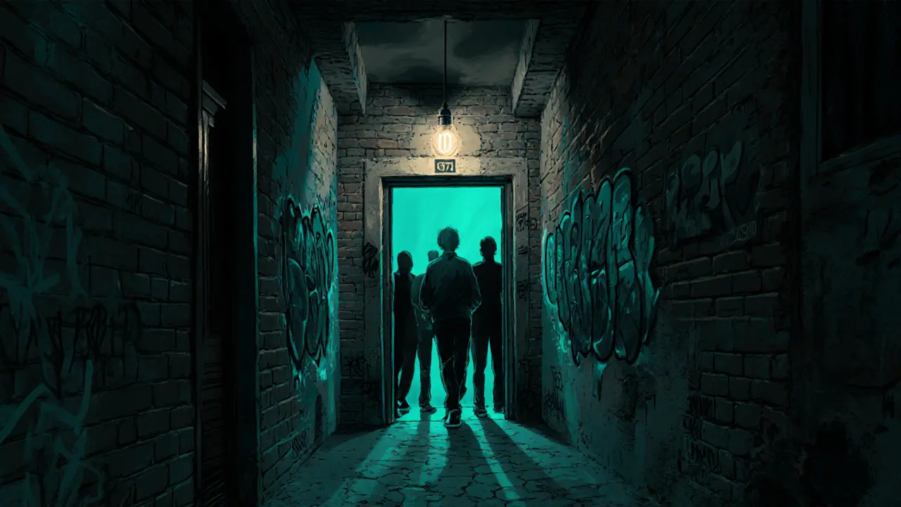 A hidden underground club entrance in a dark alley, glowing faintly with music and mystery.
