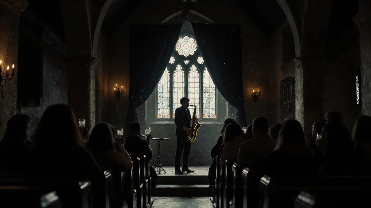 A jazz performance in a converted chapel with moonlight through a rose window.