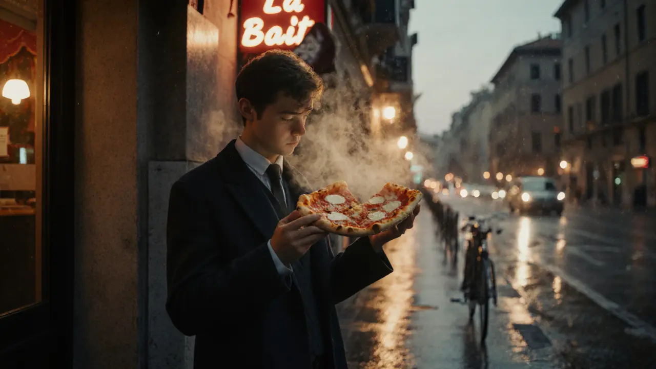 A local eats pizza at dawn outside La Baita, city lights glowing softly in the background.