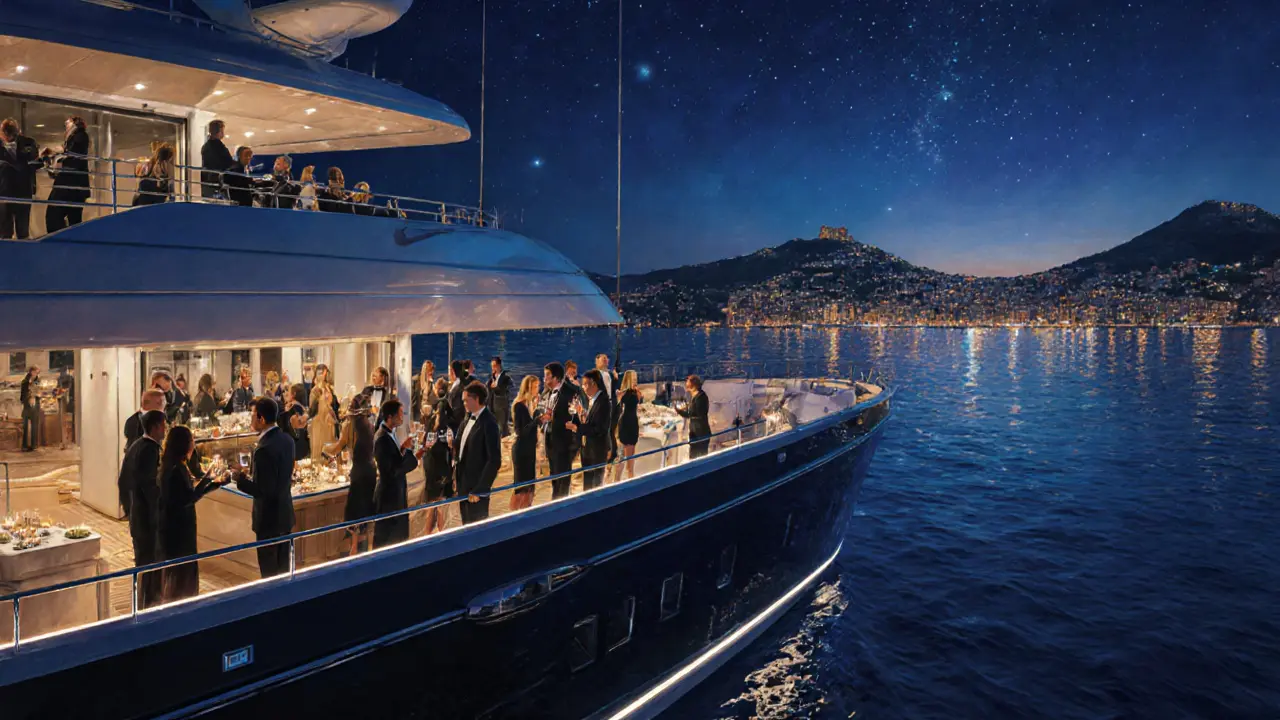 A luxurious private yacht at night on the Mediterranean, lit by candlelight and hidden LEDs, guests in formal wear on deck.