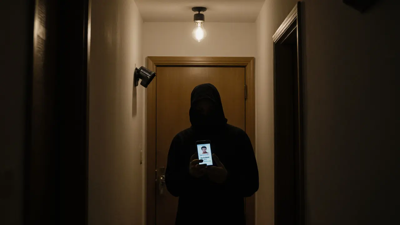A person hesitates outside a dim apartment door, phone showing a suspicious massage ad, with a hidden surveillance camera nearby.