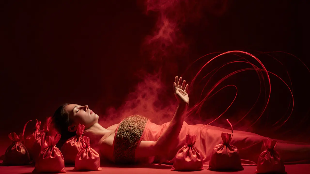 A person in a deep red room surrounded by glowing herbal pouches, symbolizing silent, sacred touch and surrender.