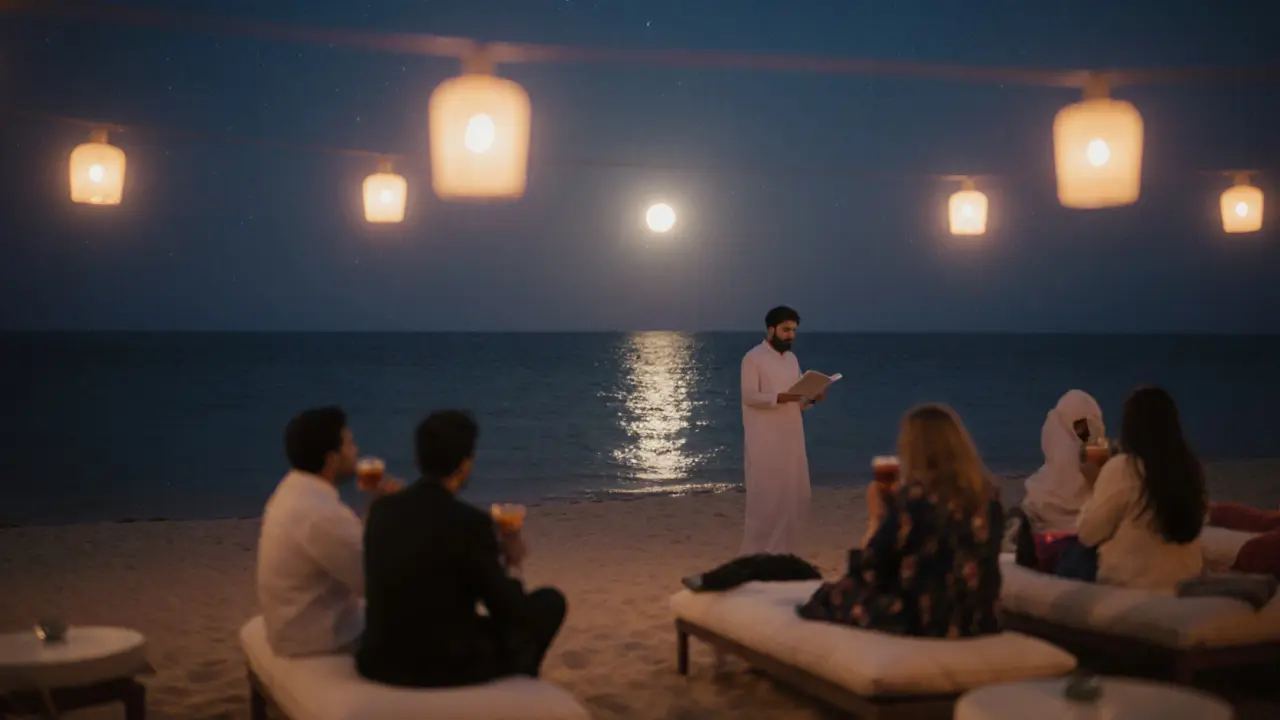 A quiet beach lounge at night with guests relaxing under lanterns as the moon shines over the water.