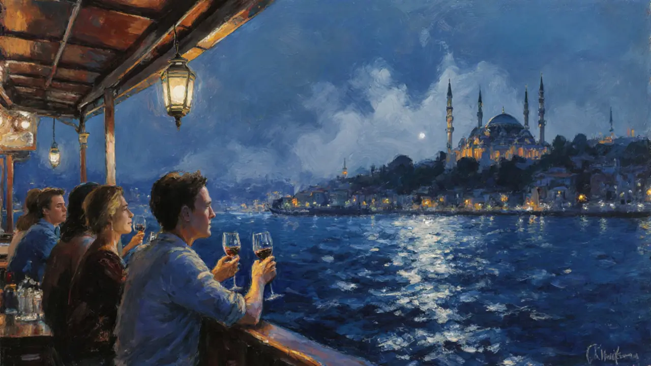 A quiet boat on the Bosphorus at midnight, lights reflecting on water as passengers sip wine under the stars.
