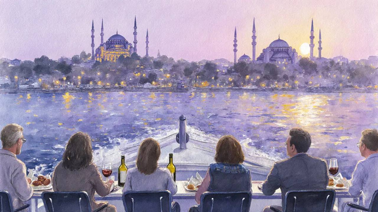 A quiet ferry on the Bosphorus at dawn, passengers enjoying wine and street food as the city wakes up.