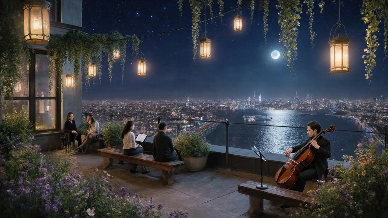A quiet rooftop garden at midnight with lanterns and a cello player under stars.